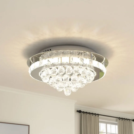 KOMORE Round Crystal-Droplet LED Semi-Flush Mount Ceiling Light - 36W Polished Chrome, Cool White, Stepless Dimming